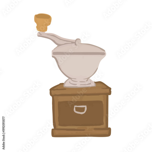PrintVintage mechanical coffee grinder with wooden base cream body and hand crank