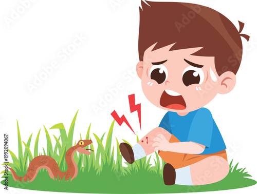 Child Bitten by Snake Cartoon Illustration Animal Danger Kids Safety Concept