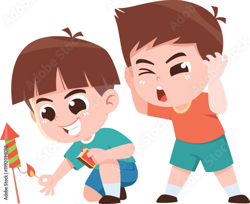 Child Lighting Firecracker with Match Cartoon Illustration Dangerous Behavior Kids Safety Concept