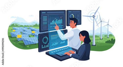 Scientists analyzing data on large digital screens with renewable energy sources and wind turbines in the background