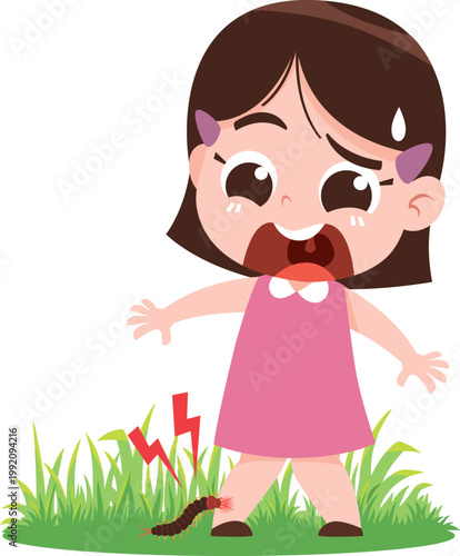 Child Bitten by Centipede Cartoon Illustration Insect Danger Kids Safety Concept