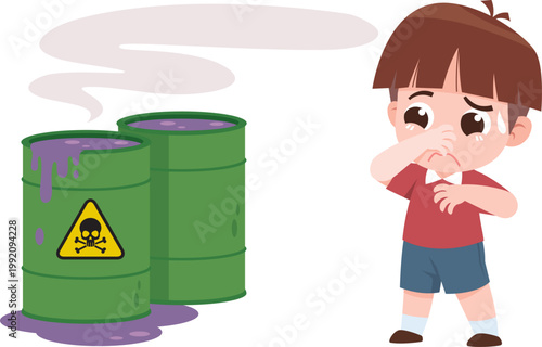Child Smelling Toxic Chemical Barrels Cartoon Illustration Hazard Danger Safety Concept