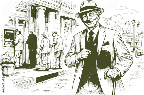 Elegant Old Gentleman Smiling Outside City Bank