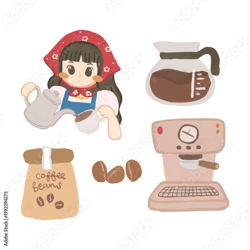 Barista girl making coffee with espresso machine kettle glass pitcher coffee beans sticker set