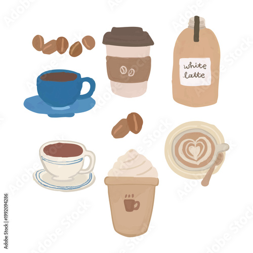 Coffee drinks and beans set: blue cup latte art paper cup white latte bottle