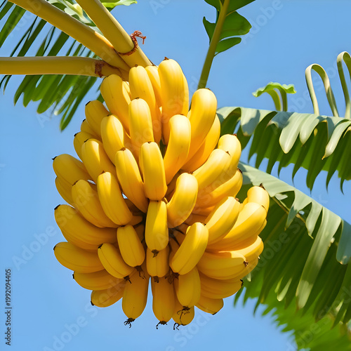 Ripe Banana Bunch on Tree Against Blue Sky, Fresh Tropical Fruit