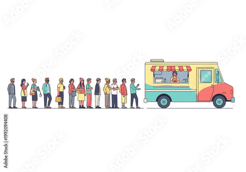 A long line of people waiting to buy food from a colorful truck.