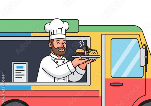 A chef holds food on a plate while standing in a colorful food truck.