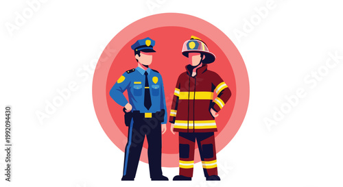 Illustration of a police officer and firefighter standing together representing emergency services teamwork and safety