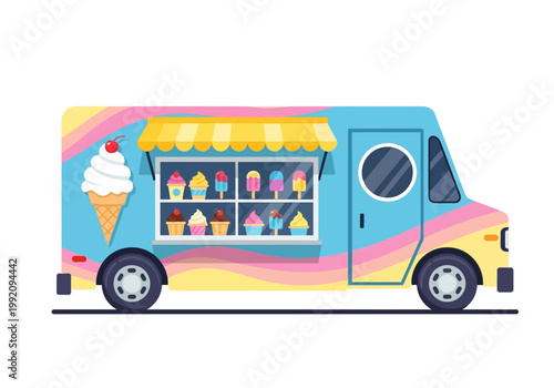Colorful ice cream truck drives down street with treats