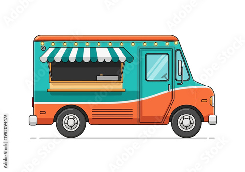 A colorful food truck is parked on the street with an open serving window.