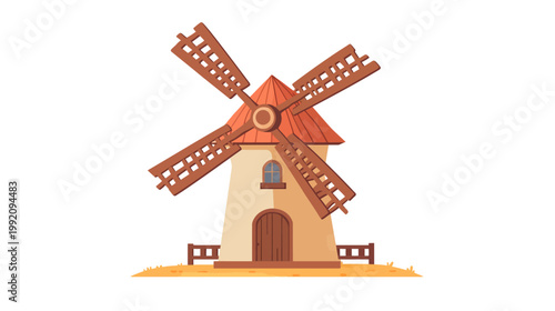 A cartoon illustration of a windmill with four blades, a red roof, and a beige tower. It stands on grass