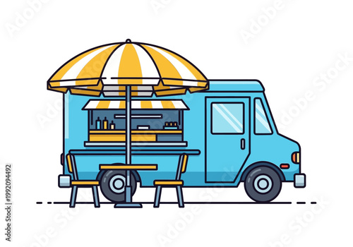 A vibrant blue food truck parked outdoors under a yellow umbrella