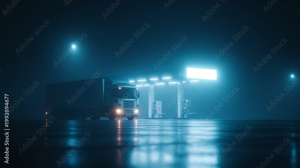 Obraz premium Truck at illuminated gas station night