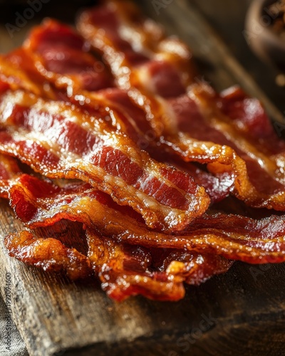 Close up of delicious crispy golden brown bacon strips on wooden board
