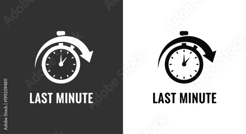 Two minimalist clock icons representing last minute concept with different styles and black and white color schemes
