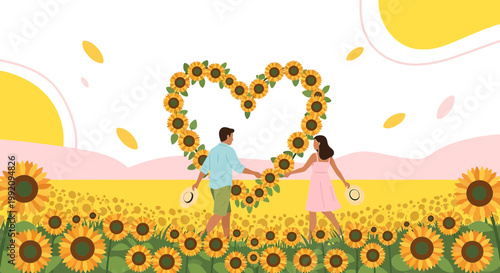 Couple Holding Hands in Sunflower Field, Heart Shape