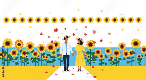 Couple Holding Hands in Sunflower Field, Romantic Love Illustration