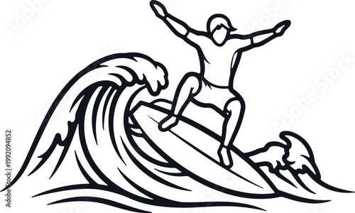 Surfer on wave outline action sport dynamic water surfing lifestyle art.