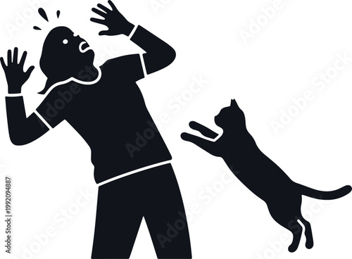 Silhouette person screams and throws hands up as cat jumps towards them isolated.