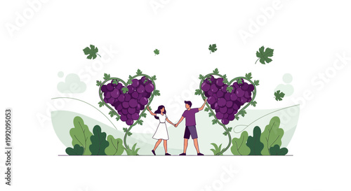 Couple Holding Hands Near Heart-Shaped Grape Vines