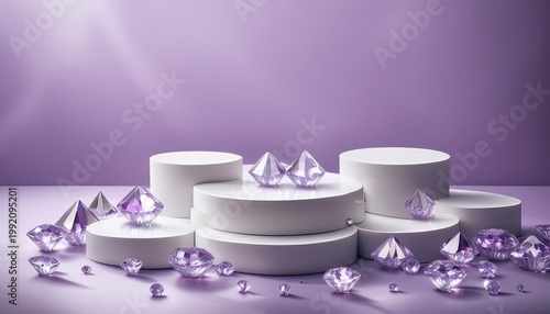 White empty podiums on pale lilac background with many lilac diamonds and copy space: Display concept