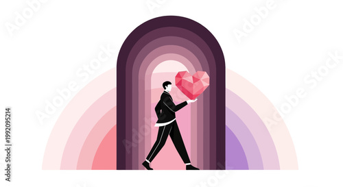 Man in Suit Holding Geometric Heart Through Rainbow Archway