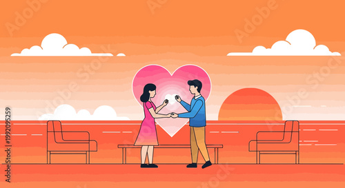 Couple Holding Hands at Sunset with Heart Symbol, Romantic Evening Scene