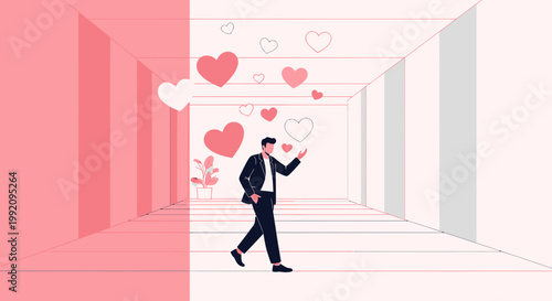 Man in Suit Walking in Abstract Hallway with Floating Hearts, Love Concept