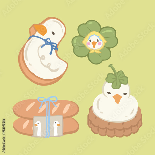 Duck and clover-themed food items: biscuit bread tied with ribbon clover sticker set
