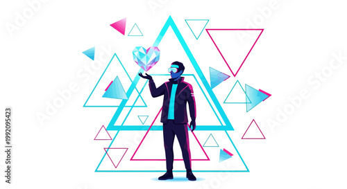 Man in VR headset holding glowing geometric heart amidst abstract triangles, futuristic concept