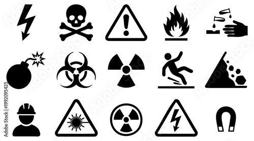 Professional vector illustration displaying a collection of essential safety hazard warning signs and industrial caution icons for workplace compliance and universal emergency messaging systems