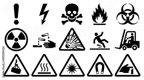Professional set of black hazard warning icons including chemical biological radiation electrical explosive and heavy machinery symbols for industrial safety and workplace signage design