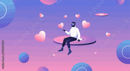 Man in VR headset floating in abstract digital space with hearts and geometric shapes