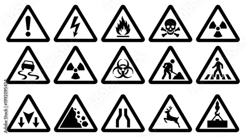 Set of black and white hazard warning sign vector icons displaying various industrial safety symbols and public roadway alerts for different dangerous situations