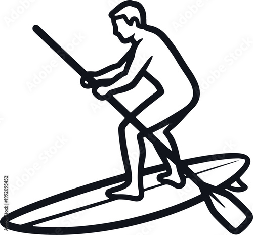 Silhouette man standing on paddleboard and holding paddle.