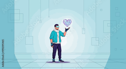 Man in VR headset holding glowing heart in futuristic digital world, metaverse concept