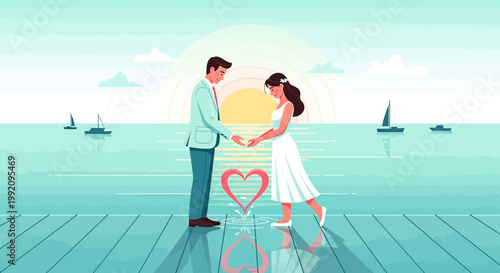 Couple Holding Hands by the Sea at Sunset with Heart Symbol