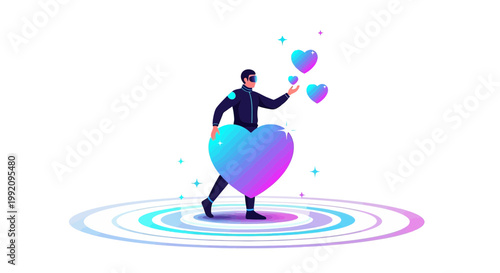 Man in VR headset holding glowing hearts in futuristic metaverse, digital love concept