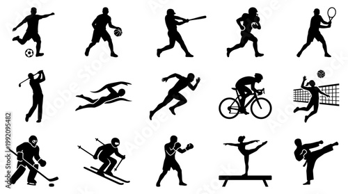 Comprehensive vector illustration features a diverse collection of fifteen distinct black silhouette graphics of athletes engaged in various popular sports activities.