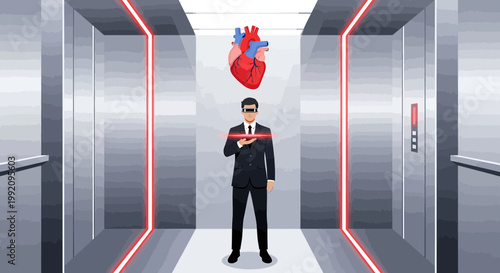 Man in VR headset in elevator, interacting with holographic human heart, futuristic medical technology