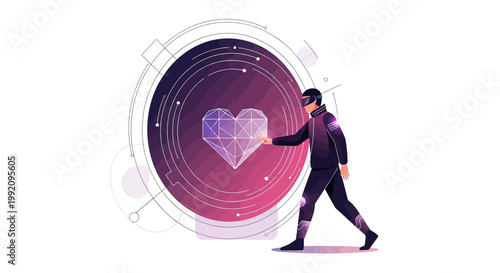 Man in VR headset interacts with glowing digital heart in futuristic cyberspace
