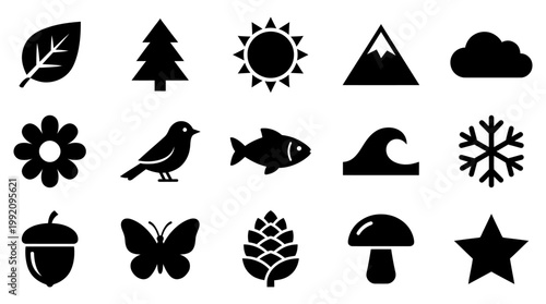 Collection of fifteen black vector graphic icons depicting various natural elements like flora fauna weather phenomena and celestial bodies for modern digital interface design