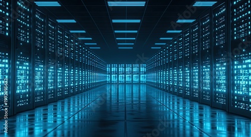 Vast futuristic server room corridor filled with glowing blue led lights on racks of data storage units representing digital information technology and artificial intelligence