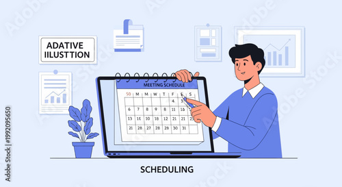 Man points to meeting schedule on calendar while sitting at a desk in a light office space during a workday