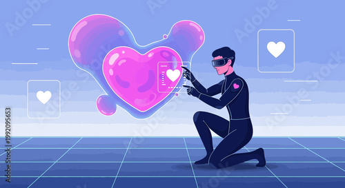 Man in VR headset interacts with glowing pink heart in futuristic digital metaverse