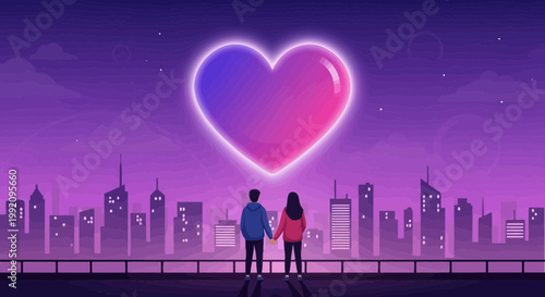 Couple holding hands gazing at glowing heart over futuristic city skyline at night, pixel art
