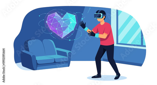 Man in VR headset interacts with glowing geometric heart in virtual reality