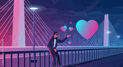 Man in VR headset on bridge, creating digital hearts in futuristic city at night
