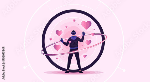 Man in VR headset surrounded by hearts and abstract shapes, symbolizing virtual love and connection